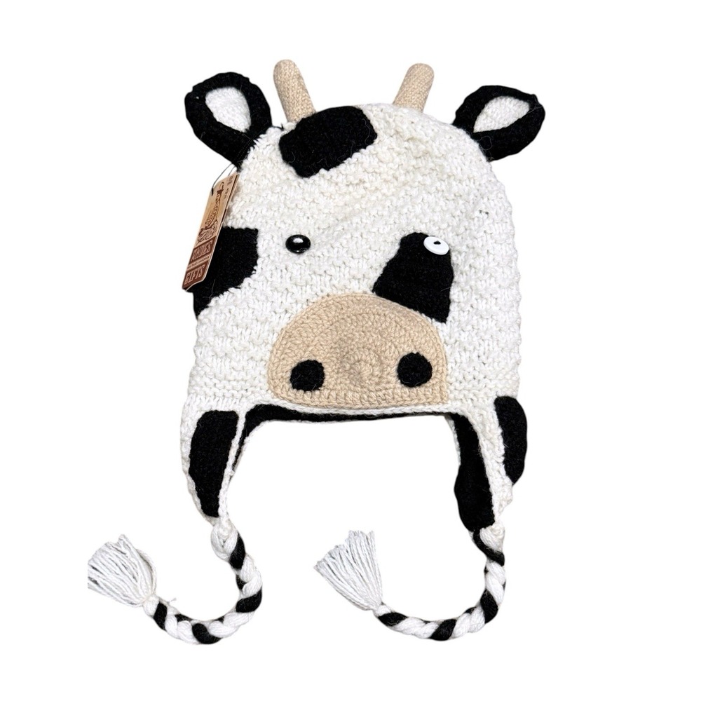 Andes Gifts Beanie Hat Alpaca Blend Hand Knit Hat Cow Animal Tassle One Size